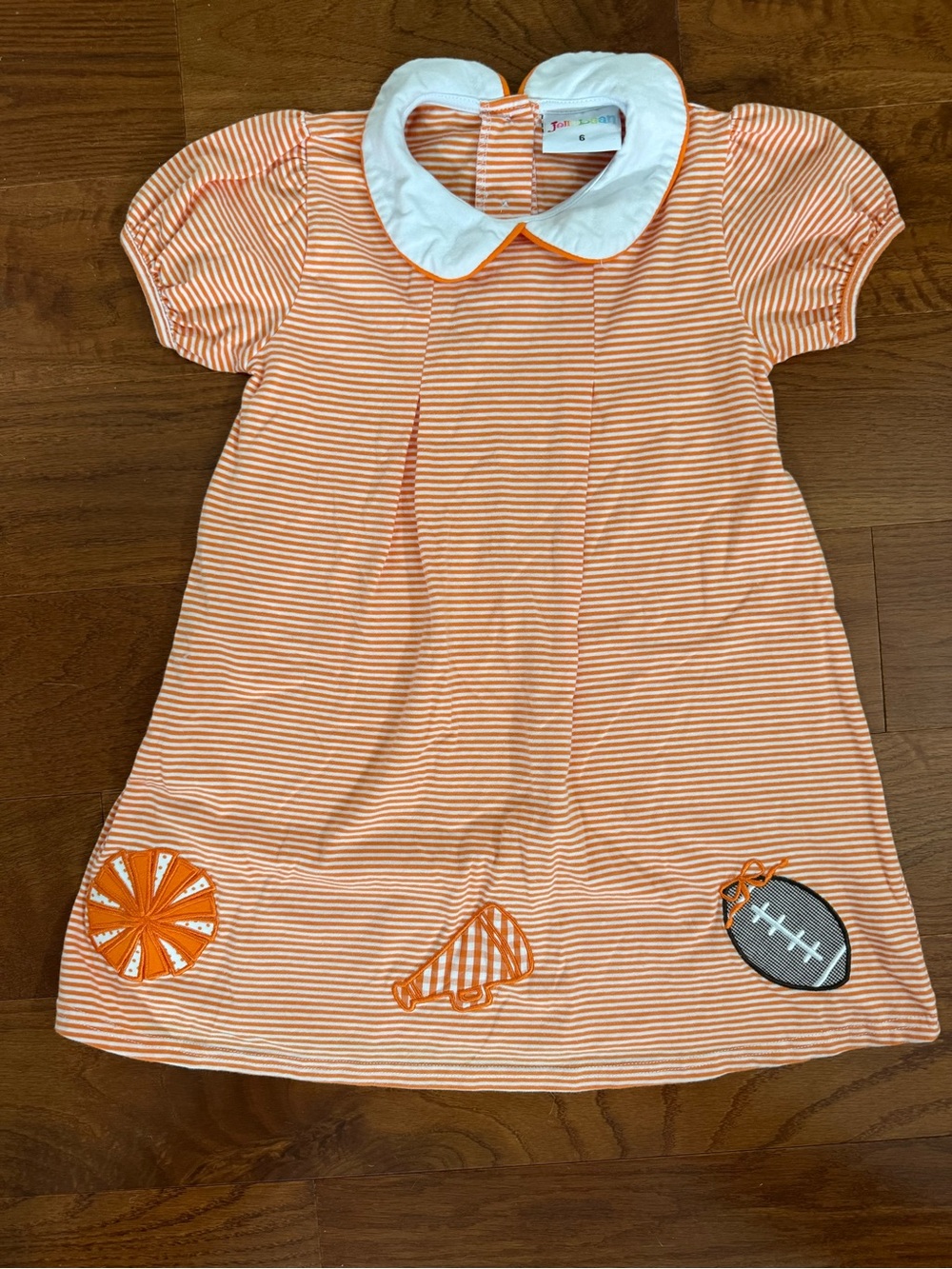 Girls Orange Striped Dress with White Collar - Football and Cheer Appliqués